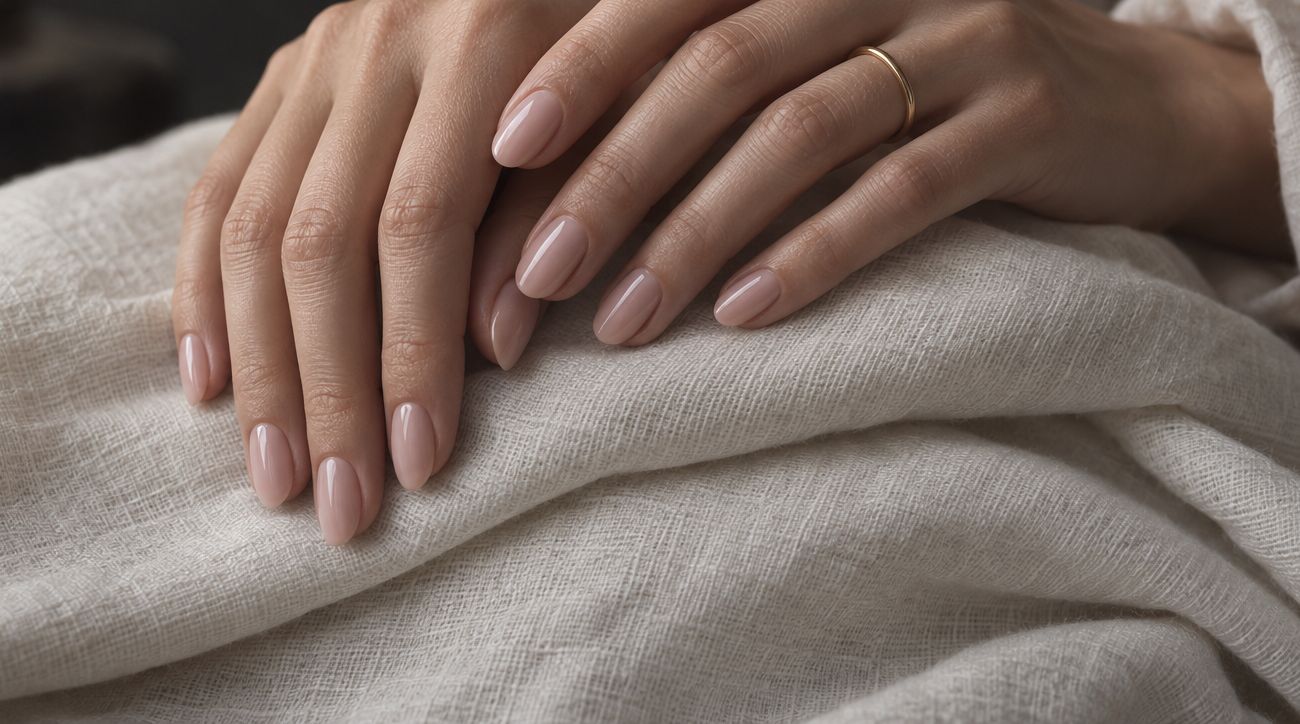 A sheer nude-pink manicure on ivory linen