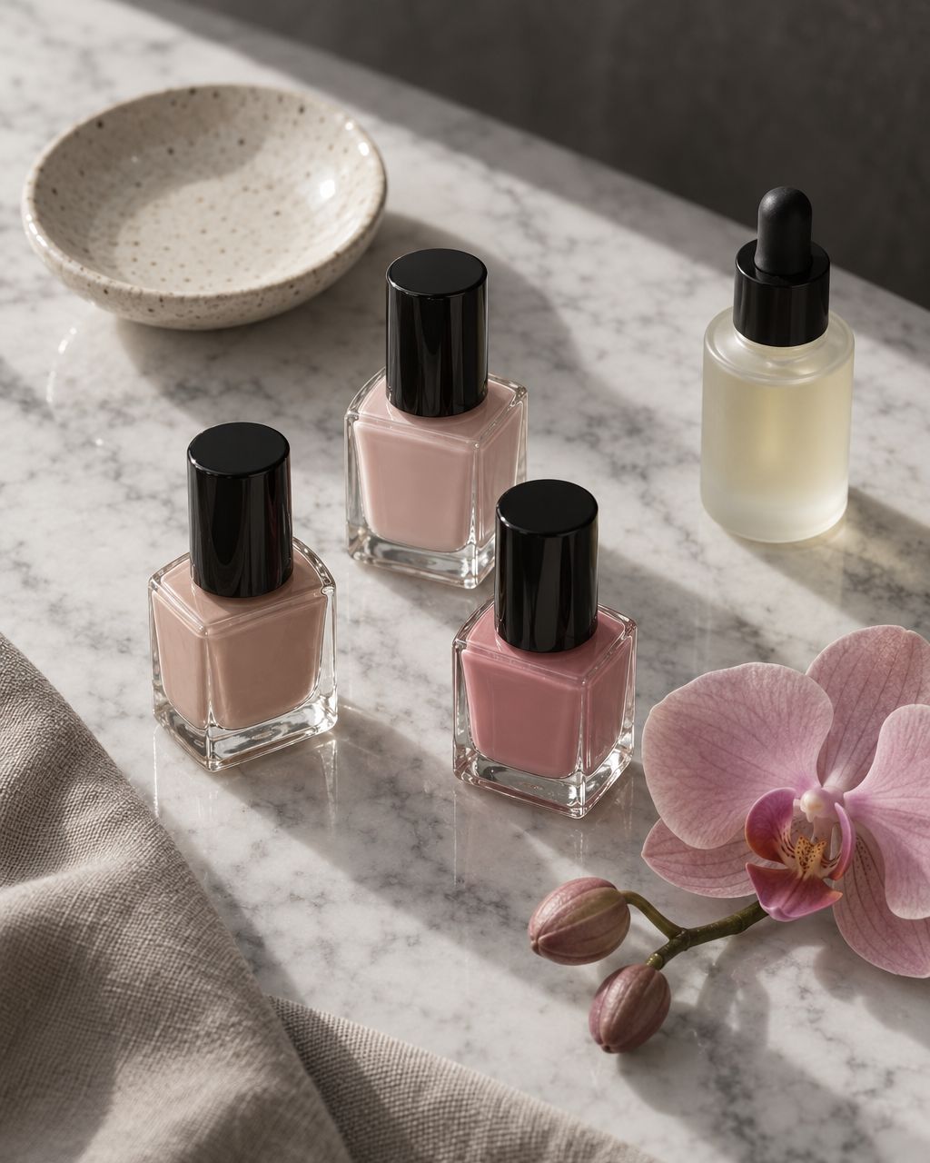 Nude and blush polish bottles with a pink orchid on marble