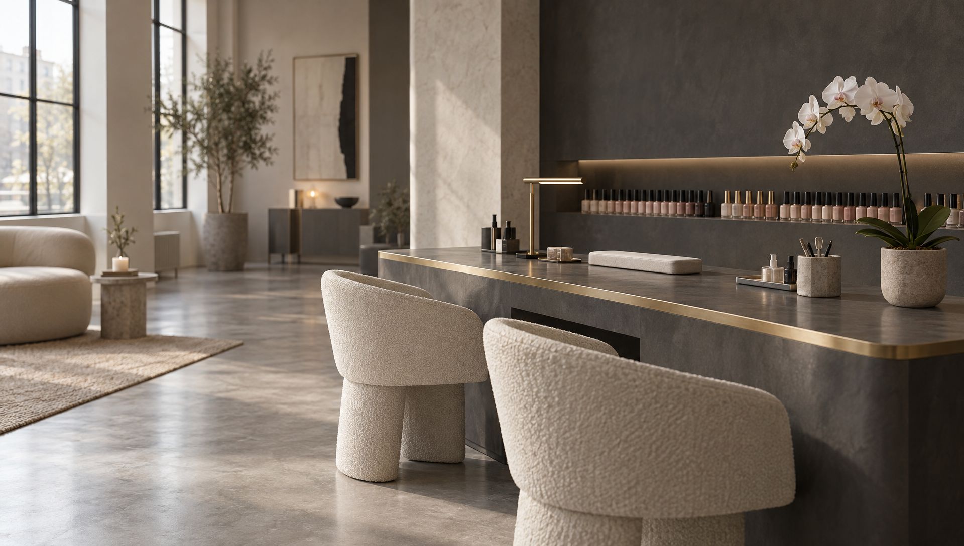 Inside the salon: a charcoal manicure bar, ivory chairs and a white orchid